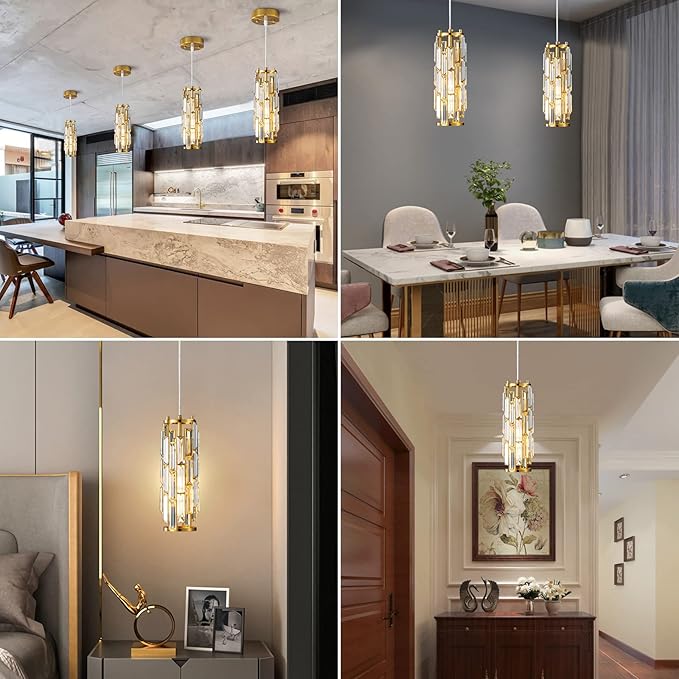 LMQNINE Pendant Lights Modern Gold Pendant Light Mini Crystal Chandelier Pendant Lighting for Kitchen Island Dinning Room Bedroom Kitchen Sink Lighting (Gold 2-Pack)