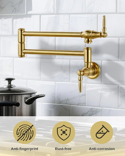 Pot Filler Faucet Brushed Gold: Solid Brass Wall Mount Heavy Duty Stove Pot Filler with Double Joint Swing Arms - Single Hole Commercial Folding Stretchable Faucet 2 Handles for Kitchen Restaurant