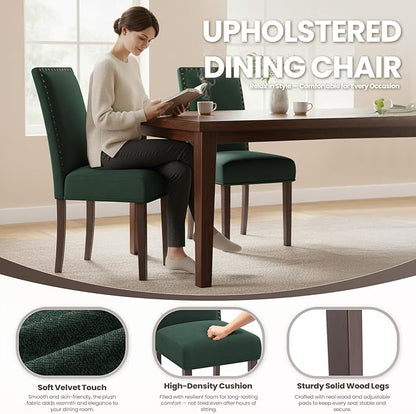 COLAMY Green Velvet Dining Chairs Set of 4 – Upholstered Kitchen & Dining Room Chairs with Nailhead Trim, Soft High-Density Cushion and Solid Wood Legs for Dining Room, Kitchen, Living Room