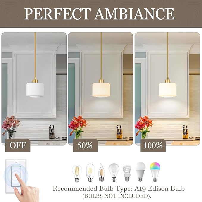 Brushed Gold Pendant Lights Kitchen Island 2 Pack, Modern Milk Glass Hanging Light Fixtures with Rods, Mini Kitchen Pendant Lighting Over Island for Sink Bathroom, OS-YQ8153-2PBG