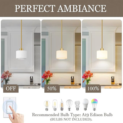 Milk Glass Pendant Lights Kitchen Island, 1-Light Modern Brushed Gold Hanging Light Fixtures with Rods, Mini Kitchen Pendant Lighting Over Island for Sink Bathroom, OS-YQ8153-1PBG