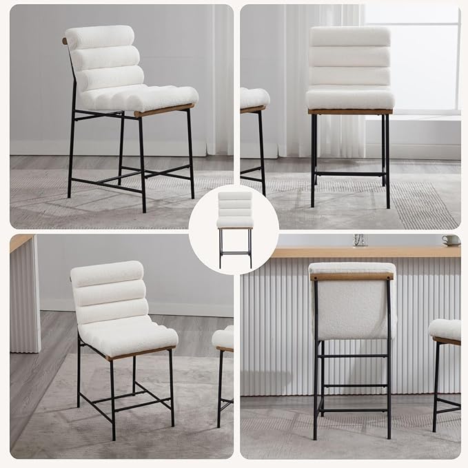 White Boucle Bar stools Set of 4, 25” Modern Upholstered Counter stools with Black Metal Legs, Sherpa Counter Height Chairs for Kitchen Island Armless Stool with Channel Tufted Back