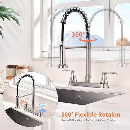 HOMELODY 2 Handles Kitchen Faucet with Pull Down Sprayer for 3 Hole Sink, 360° Rotating Spout Commercial 2 Handle Stainless Steel Kitchen Faucets with Deck Plate Brush Nickel