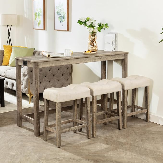 4-Piece Bar Height Table and Chairs Set - Rustic Bar Table with Integrated Power Outlets, 3 Padded Stools, Perfect as Kitchen Table, Small Dining Set, or Kitchen Island with Seating (Brown)