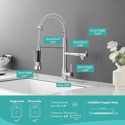 AIMADI Chrome Kitchen Faucet with Pull Down Sprayer,Dual Spout Design Modern Stainless Steel High Arc Kitchen Sink Faucet for Farmhouse Camper Laundry Rv Bar