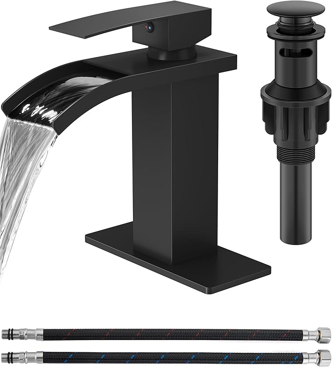 Waterfall Bathroom Faucet 1 Hole, Single Hole Bathroom Faucet, Single Handle Vanity Sink Faucet with Deck Plate, Pop-up Drain & Supply Lines, Matte Black