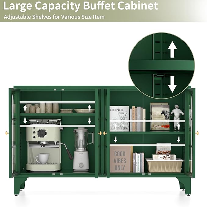 Foreate Sideboard Buffet Cabinet with Glass Door & LED Light, 53.2" Large Buffet Cabinet with Storage & Adjustable Shelf, Farmhouse Sideboard Credenzas Metal Kitchen Buffet, Green