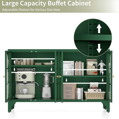 Foreate Sideboard Buffet Cabinet with Glass Door & LED Light, 53.2" Large Buffet Cabinet with Storage & Adjustable Shelf, Farmhouse Sideboard Credenzas Metal Kitchen Buffet, Green