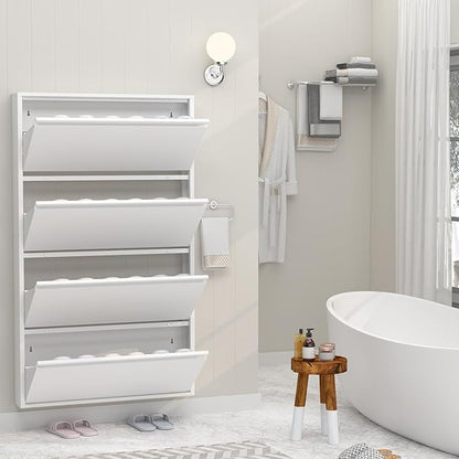 GREATMEET Slim Wall Mounted Shoe Cabinet, 6 Inch Narrow White Hidden Metal Shoe Storage with 4 Flip Drawers, Tall 57 Inch Steel Space Saving Organizer Rack for Entryway Hallway Small Spaces
