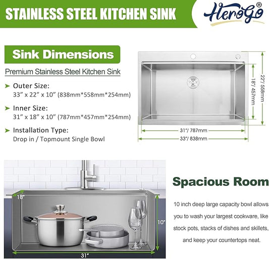 Herogo 33x22Inch Single Bowl Drop In Kitchen Sink, 18/10 16 Gauge Stainless Steel Topmount Handmade 10'' Deep Workstaion Sink with Accessories