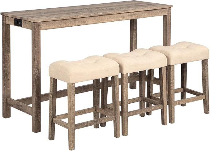 HMFULE 59'' Dining Bar Table and Chairs Set with Power Outlet, 4-Piece Industrial Breakfast Table Set with 3 Padded Stools, Wood Console Table Set for Kitchen Living Room Dining Room, Brown