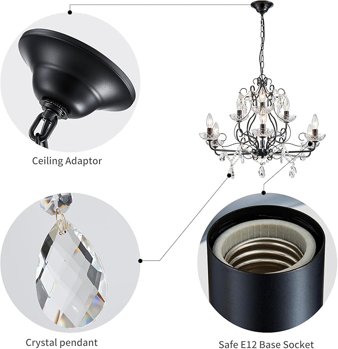 WUZUPS 9-Light Crystal Candle Chandelier Pendant Flushmount Ceiling Light Modern Lighting Fixture for Bedroom Hallway Bar Kitchen Bathroom, H 18.1" x W 25.6", Black, E12 Base