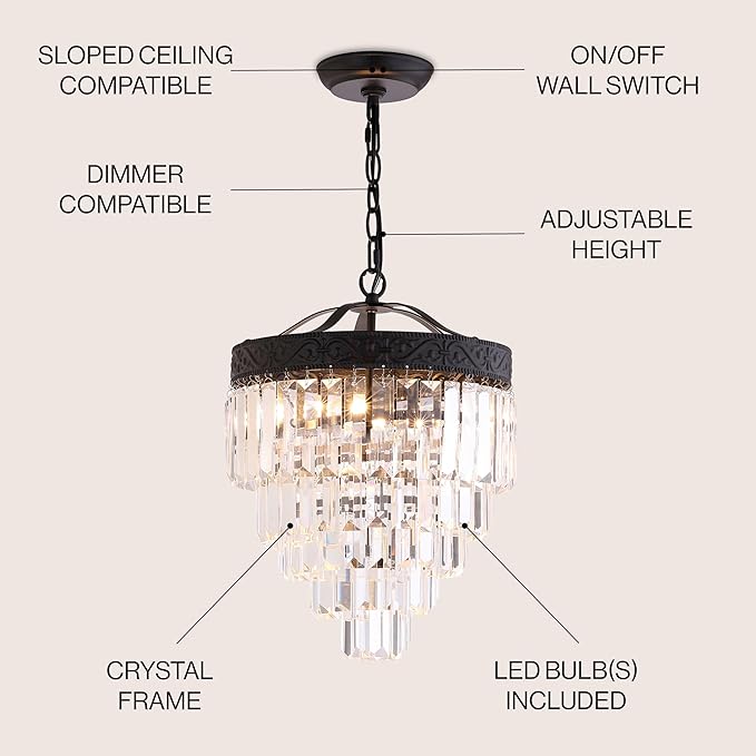 JONATHAN Y 12" Bronze/Clear 2-Light LED Chandelier, Modern Tiered Pendant Light Fixture for Dining Room, Bedroom, Entryway with Clear Faceted Crystal Shade (JYL9006B)