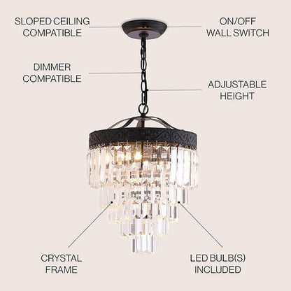 JONATHAN Y 12" Bronze/Clear 2-Light LED Chandelier, Modern Tiered Pendant Light Fixture for Dining Room, Bedroom, Entryway with Clear Faceted Crystal Shade (JYL9006B)