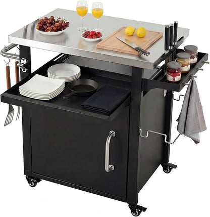 39.5" Outdoor Kitchen Island with Stainless Steel Top and Storage Cabinet, Metal Kitchen Island with Hooks and Spice Rack, Rolling Grill Cart with Wheels for BBQ Waterproof Cover Included Black