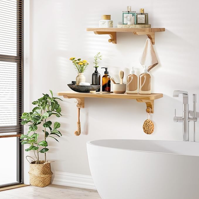 Wooden Floating Shelves for Wall, 22.6" W x 6" D x 0.8" H Large Wall Shelves, Hanging Storage Shelf with Hooks for Living Room, Kitchen, Bathroom, Bedroom Decor, Natural, 2 Packs