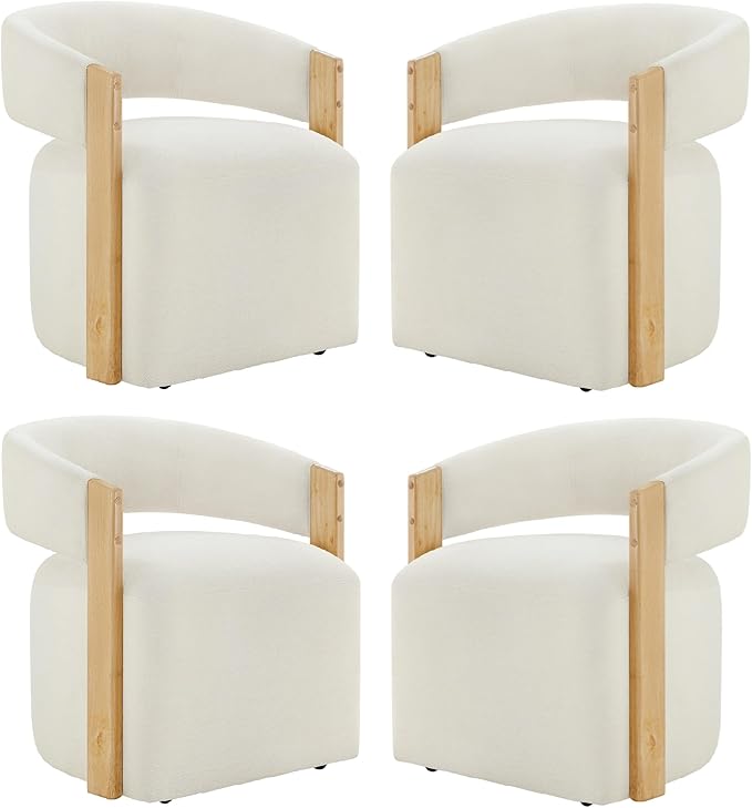 KISLOT Upholstered Dining Chairs with Casters, Modern Barrel Side Armchair with Rollers & Wooden Armrest for Dining Room, Bedroom, Kitchen, Reading Room, Beige, Set of 4