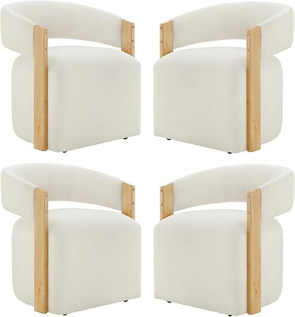 KISLOT Upholstered Dining Chairs with Casters, Modern Barrel Side Armchair with Rollers & Wooden Armrest for Dining Room, Bedroom, Kitchen, Reading Room, Beige, Set of 4