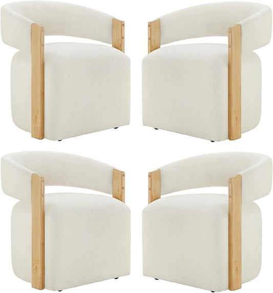 KISLOT Upholstered Dining Chairs with Casters, Modern Barrel Side Armchair with Rollers & Wooden Armrest for Dining Room, Bedroom, Kitchen, Reading Room, Beige, Set of 4