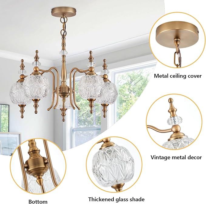 Chandeliers Vintage 5 Lights Brass Glass Pendant Lighting Fixtures Rustic Style Chandelier Matte Brushed Antique Brass Finish with Crystal Glass Shade for Kitchen Island Farmhouse