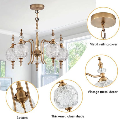 Chandeliers Vintage 5 Lights Brass Glass Pendant Lighting Fixtures Rustic Style Chandelier Matte Brushed Antique Brass Finish with Crystal Glass Shade for Kitchen Island Farmhouse