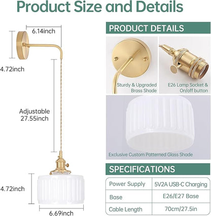 Shenmoyl Battery Operated Wall Sconce with White Striped Shade Pattern Glass Adjustable Chain Retro Gold Wall Mounted Light, Modern Wall Lamp Fixtures Decor for Bedside Bedroom Indoor Doorway