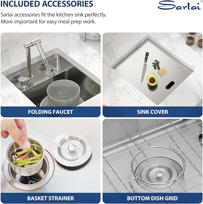 Sarlai Outdoor Sink, 15x17 Inch Undermount Kitchen Sink Workstation with Foldable Faucet Bar Prep Single Bowl Kitchen Sinks 16 Gauge Stainless Steel Sinks with Cover,BBQ Sink Outside