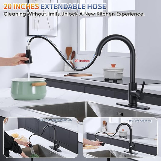 Matte Black Kitchen Faucets with Soap Dispenser, High Arc Single Handle Stainless Steel Kitchen Sink Faucet for 1 or 3 Hole, Ideal for Farmhouse RV Laundry Bar Camper & Commercial