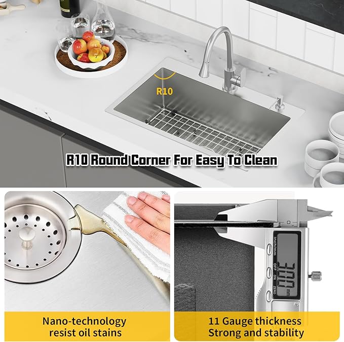 28x18 Inch Stainless Steel Kitchen Sink-Drop In Single Bowl Topmount Kitchen Sink Stylish And Modern Look Come With Bottom Grid,Silicon Mat And Drain Assembly Add Elegance & Enhance Usability