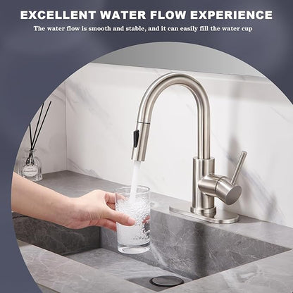 Bathroom Faucet with Pull Down Sprayer, Sink faucets Pull Out Faucet with Pop-Up Drain, 1 or 3 Hole Laundry Bar Basin Faucet with Deck Plate,Brushed Nickel