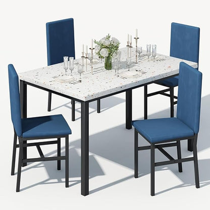 tantohom Dining Table Set for 4, Space Saving Kitchen Table and Chairs Set of 4, 5 Piece Modern Dining Room Table Set with Faux Marble Top and PU Leather Chairs for Small Space, Apartment