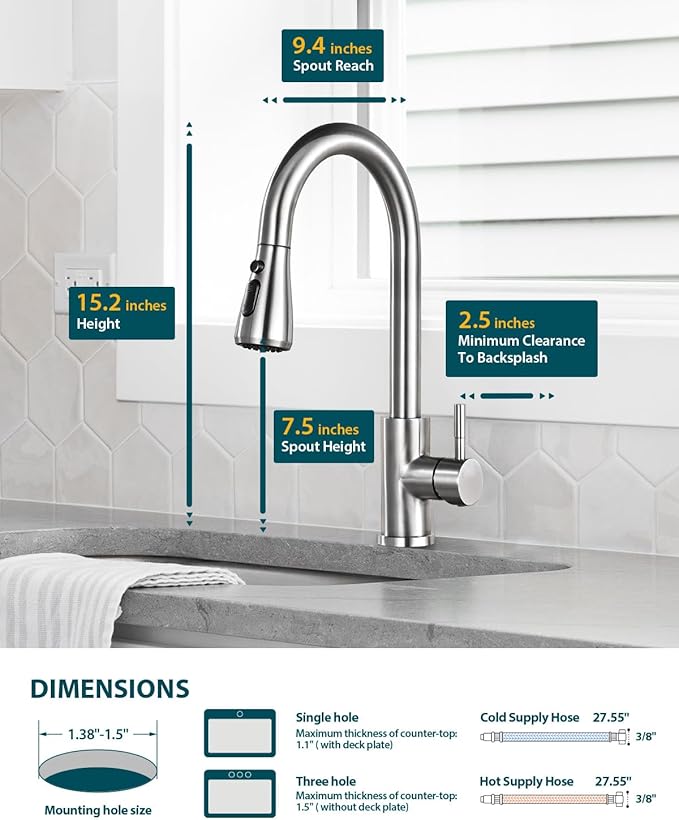 Hiqufet Kitchen Faucet with Pull Down Sprayer, Brushed Nickel High Arc Single Handle Kitchen Sink Faucet for Pot Filler, Stainless Steel Commercial Modern Rv Farmhouse Camper Laundry Bar Sink Faucets