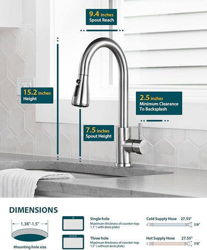 Hiqufet Kitchen Faucet with Pull Down Sprayer, Brushed Nickel High Arc Single Handle Kitchen Sink Faucet for Pot Filler, Stainless Steel Commercial Modern Rv Farmhouse Camper Laundry Bar Sink Faucets