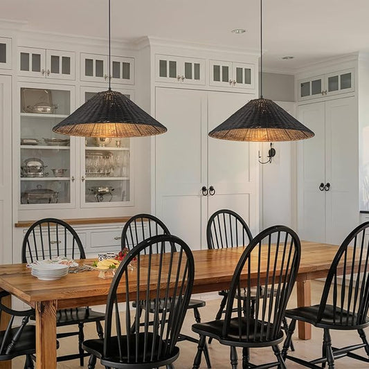23.6'' Large Weaving Rattan Chandelier, Black Coastal Chandelier Hand Woven Rattan Dome Pendant Lighting Fixture Farmhouse Natural Basket Hanging Light