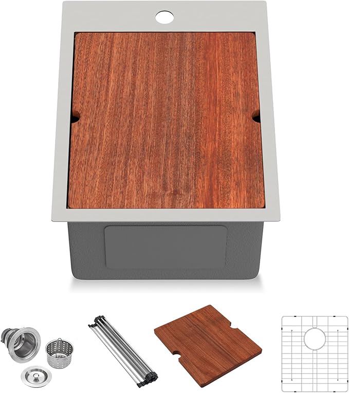 Lordear 15 Bar Sink Drop In 15 x 20 Inch Topmount Kitchen Sink 16 Gauge Stainless Steel Single Bowl Ledge Workstation RV Bar Prep Sinks Basin