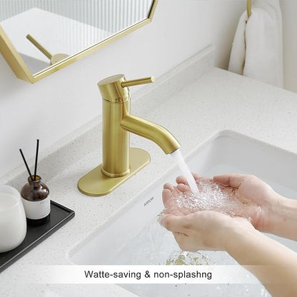 Brushed Gold Bathroom Faucets, Modern Single Hole Lavatory Vanity Faucet, Single Handle Bathroom Sink,Faucet, Faucet for Bathroom Sink with Deck Plate and Supply Hoses
