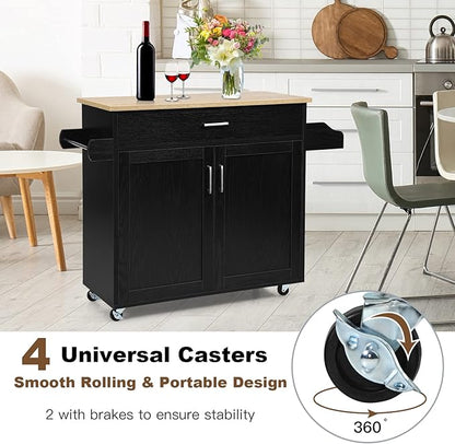 PETSITE Kitchen Island Cart with Storage Cabinet on Wheels, Spice Rack Towel Rack & Drawer (Black)