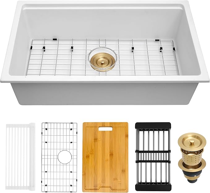 White Undermount Kitchen Sink 28 Inch - Drop In Granite Quartz Composite Workstation Sink - Deep Single Bowl,Dual Mount,with Accessories (White, 28" x 18")