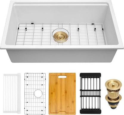 White Undermount Kitchen Sink 28 Inch - Drop In Granite Quartz Composite Workstation Sink - Deep Single Bowl,Dual Mount,with Accessories (White, 28" x 18")