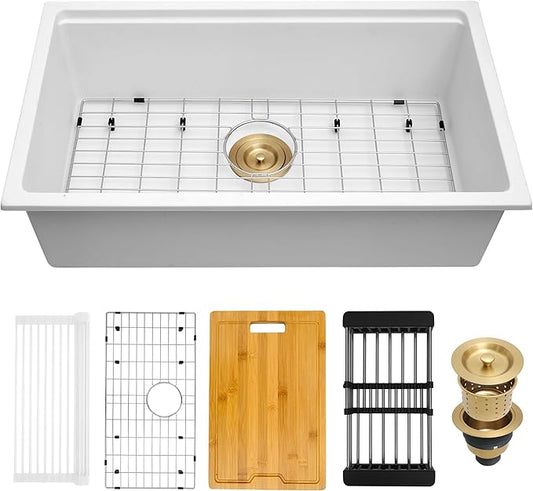 White Undermount Kitchen Sink 28 Inch - Drop In Granite Quartz Composite Workstation Sink - Deep Single Bowl,Dual Mount,with Accessories (White, 28" x 18")