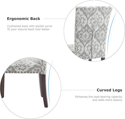 COLAMY Upholstered Parsons Dining Chairs Set of 2, Fabric Dining Room Kitchen Side Chair with Nailhead Trim and Wood Legs - Grey/White Flower