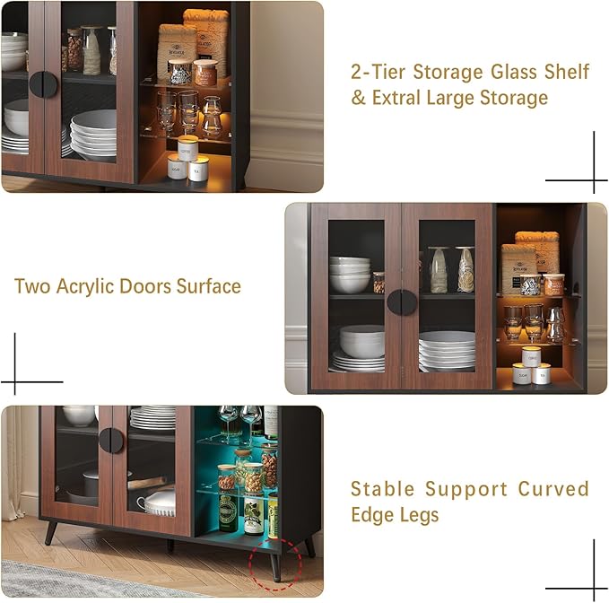 HedoAjim Sideboard Buffet Cabinet with Storage, Farmhouse Buffet Table Coffee Bar Storage Cabinet with 4 Doors, 3 Drawers and Shelves, Sideboard for Dining Room Kitchen (Brown)
