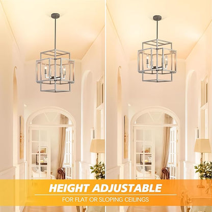 4-Light Chandelier, Industrial Silver Foyer Lighting Fixtures, Rustic Lantern Pendant Light, Large Chandeliers for High Ceilings, Farmhouse Chandelier for Entryway, for Dining Room, Kitchen Island
