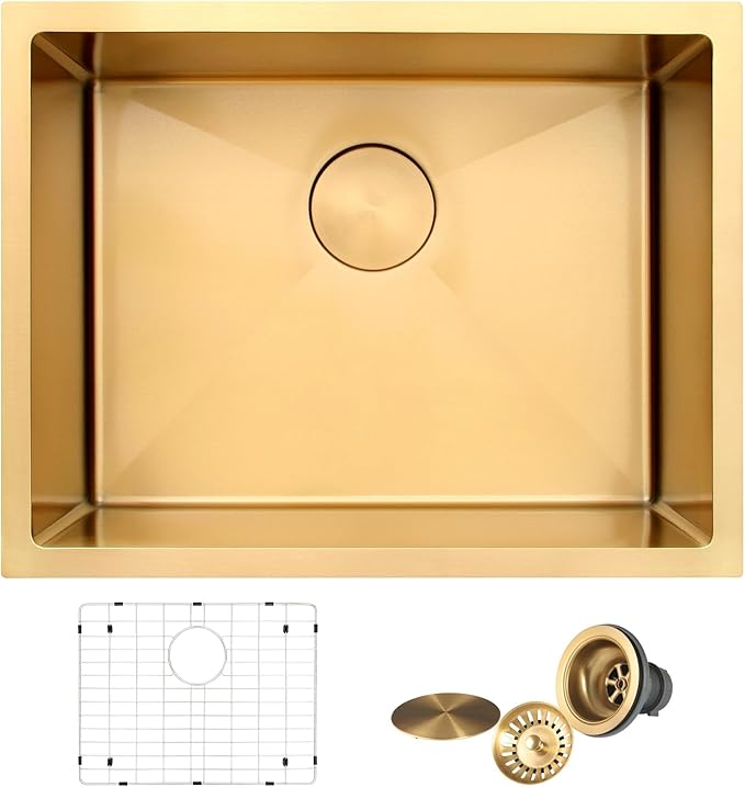 MILOSEN Gold Kitchen Sink, 23x18 inch Gold Undermount Kitchen Sinks, 16 Gauge T304 Stainless Steel Laundry Sinks with Custom Accessories, Deep Single Bowl Utility Sink with Bottom Grid