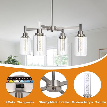 VINLUZ LED 4-Light Brushed Nickel Chandelier for Dining Room, Modern Farmhouse Chandelier with Clear Bubble Crystal Glass Shades, Ceiling Pendant Light with Adjustable Swivel Heads for Kitchen Hallway
