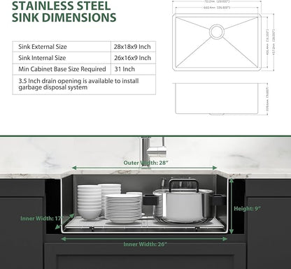 Black Undermount Kitchen Sink 28 Inch - Couoko Gunmetal Black Single Bowl Undermount Sinks 16 Gauge T304 Stainless Steel Large Deep NANO PVD Handmade Round Corner Kitchen Sinks 28"x18"x9"