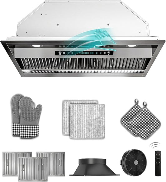 36 inch Stainless Steel Insert Range Hood - 900 CFM, Gesture Control, Ultra-Quiet 4-Speed Vent, LED Lights, Ducted/Ductless Convertible