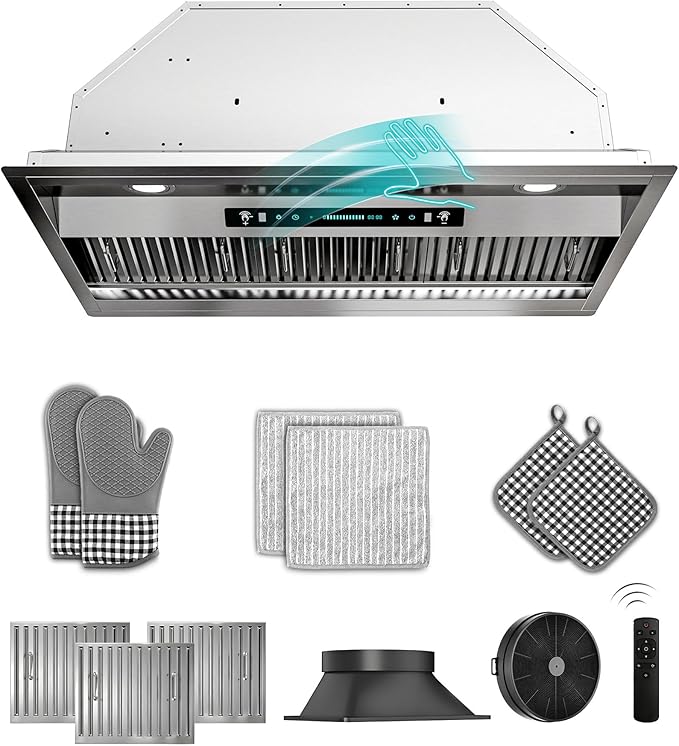 42 inch Stainless Steel Insert Range Hood - 900 CFM, Gesture Control, Ultra-Quiet 4-Speed Vent, LED Lights, Ducted/Ductless Convertible