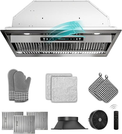 42 inch Stainless Steel Insert Range Hood - 900 CFM, Gesture Control, Ultra-Quiet 4-Speed Vent, LED Lights, Ducted/Ductless Convertible