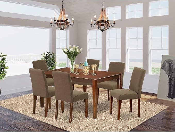 HomeStock 7 Piece Modern Dining Table Set Consist of a Rectangle Wooden Table and 6 Coffee Linen Fabric Upholstered Chairs, 36x60 Inch, Mahogany